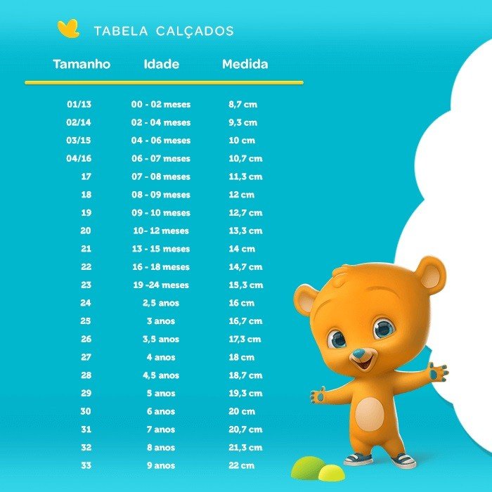 Tabela tamanho hot sale calçado infantil