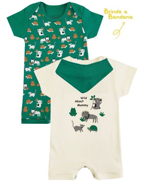 Kit Macacao Bebe 2 Pecas Suedine Safari Orango Kids Off White